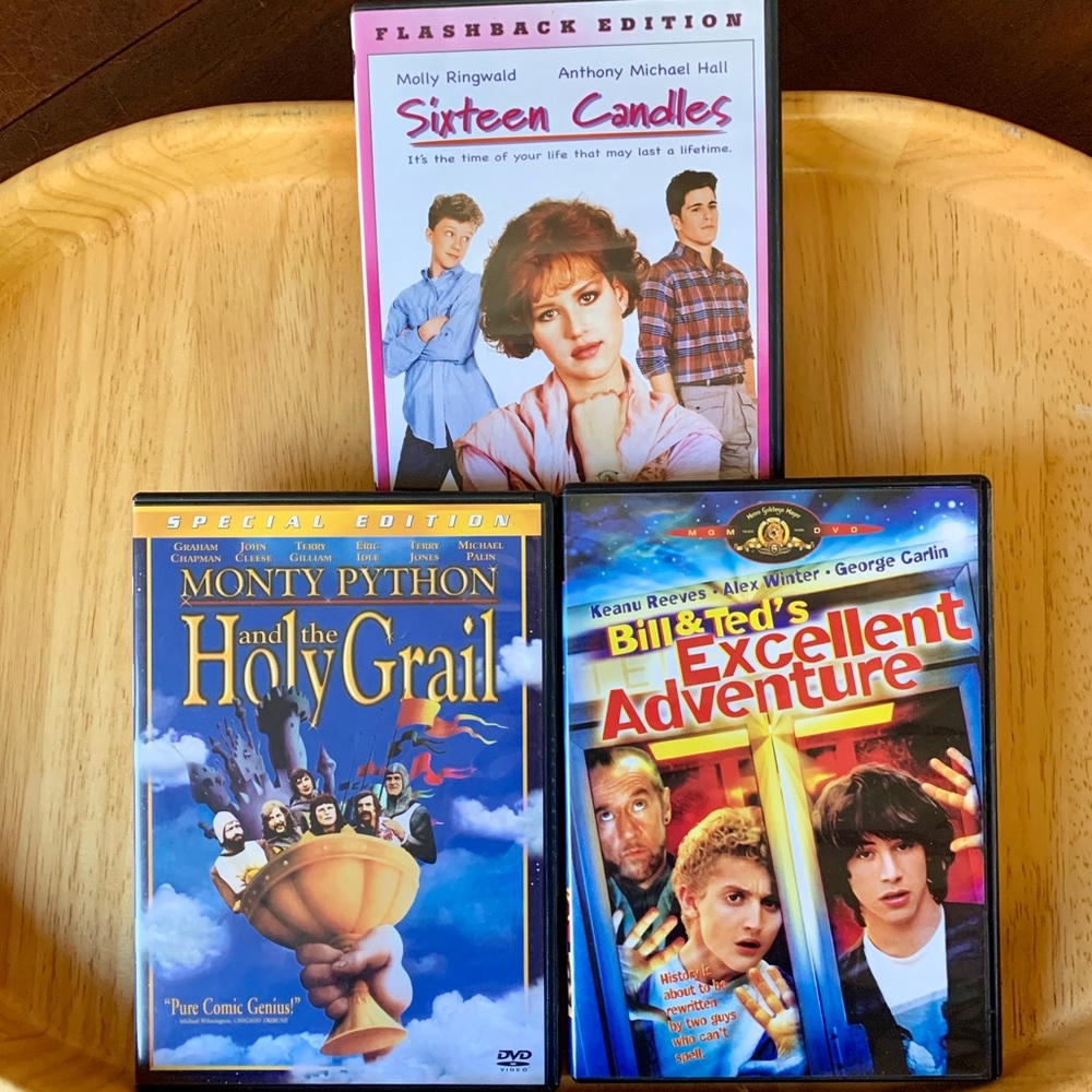 Movie Night! 3 DVDs, Python Holy Grail, Bill Ted Adventure, Sixteen Candles